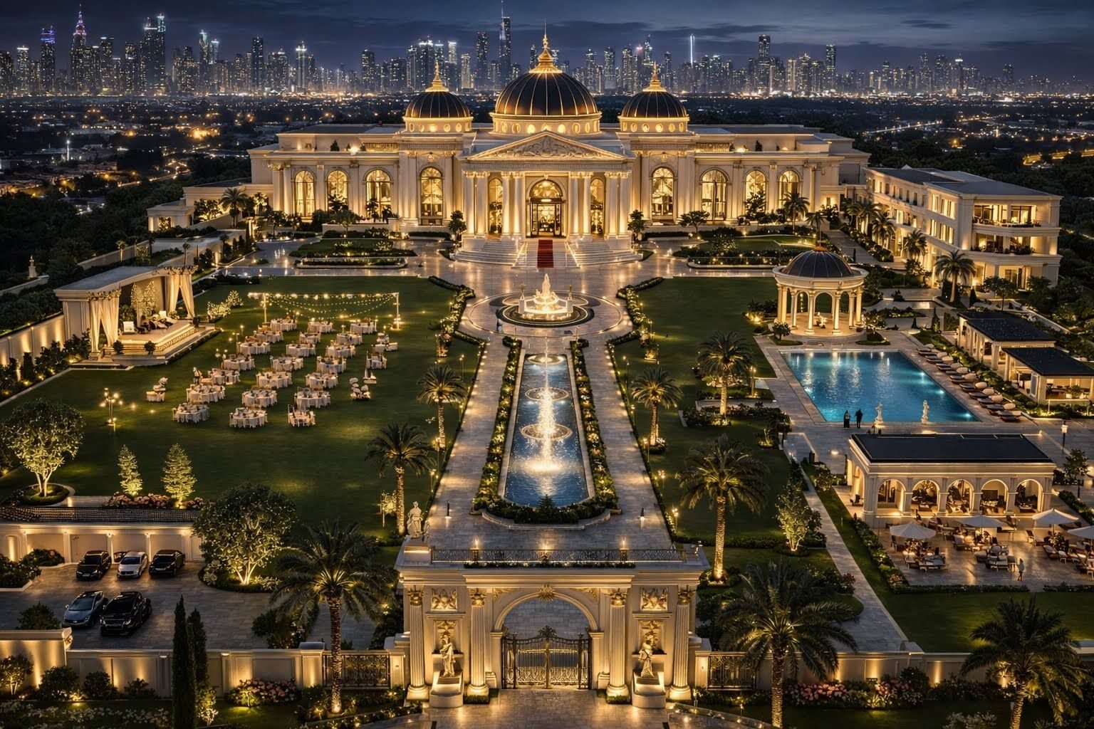 Aerial view of a luxury palace estate at night