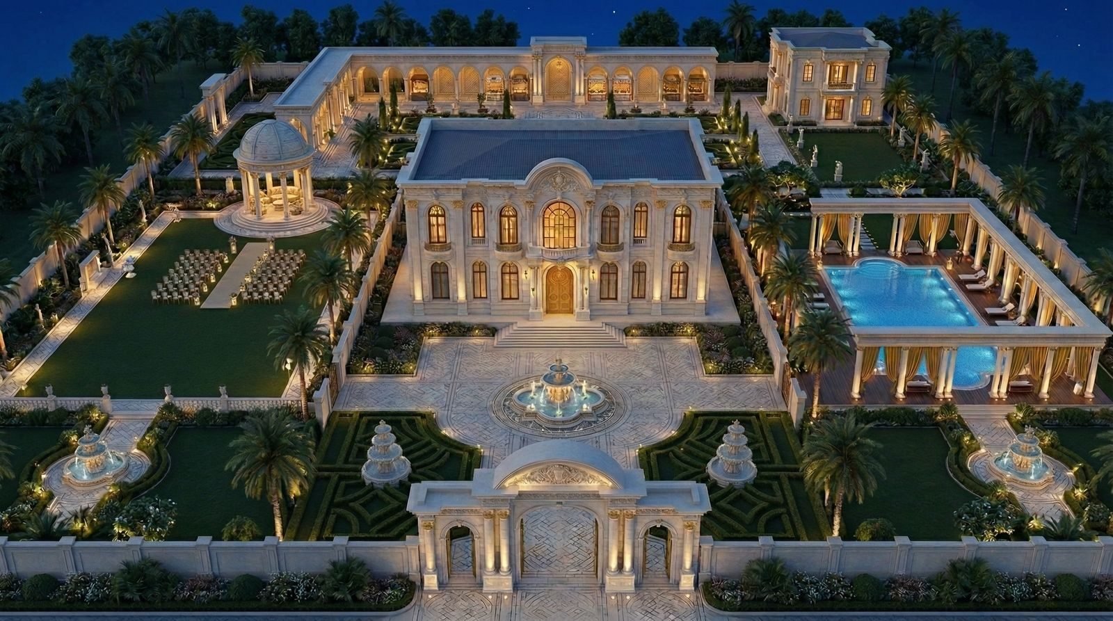 Isometric night view of a palace estate with pool and gardens