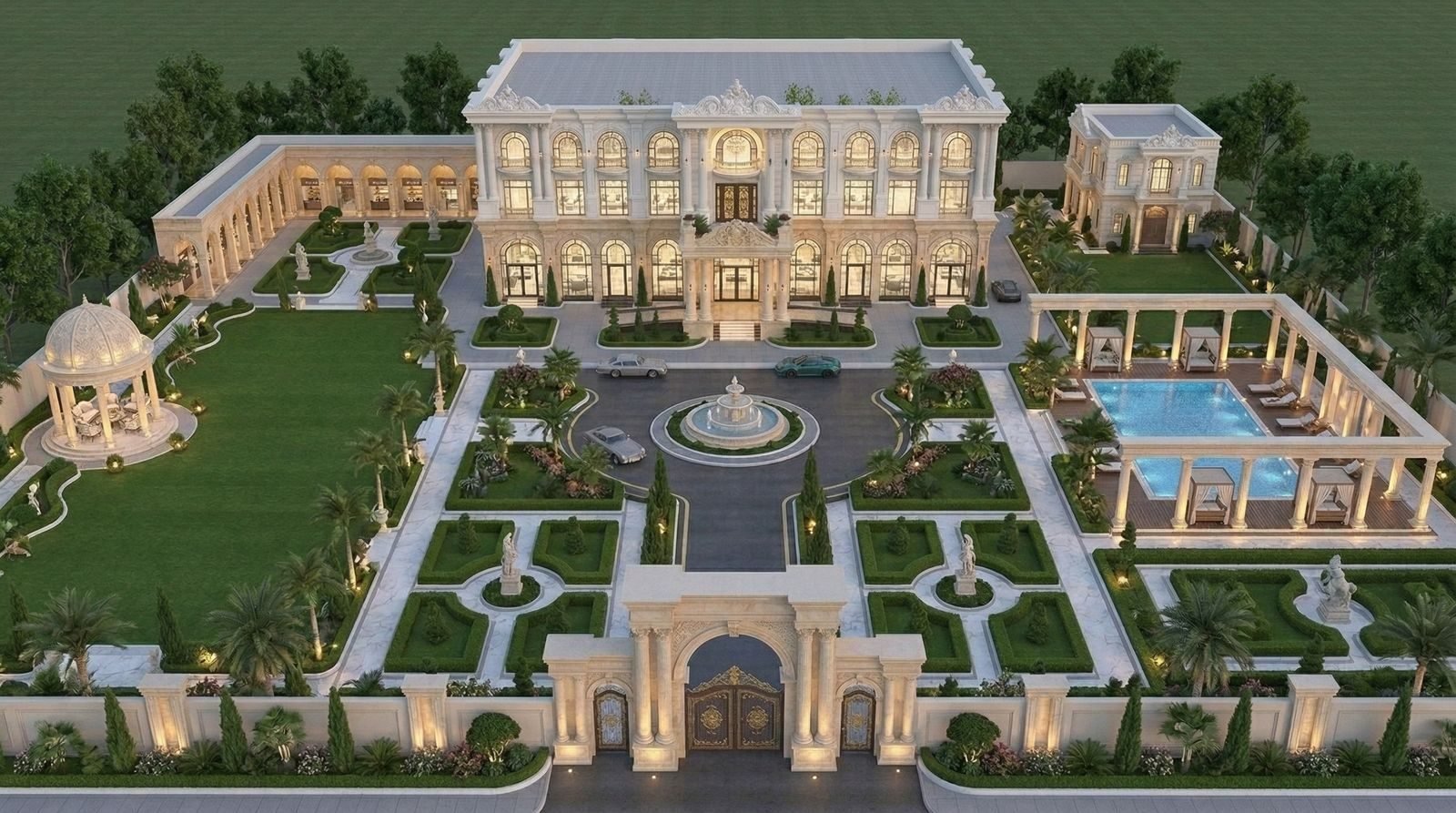 Isometric daytime view of a palace with formal gardens