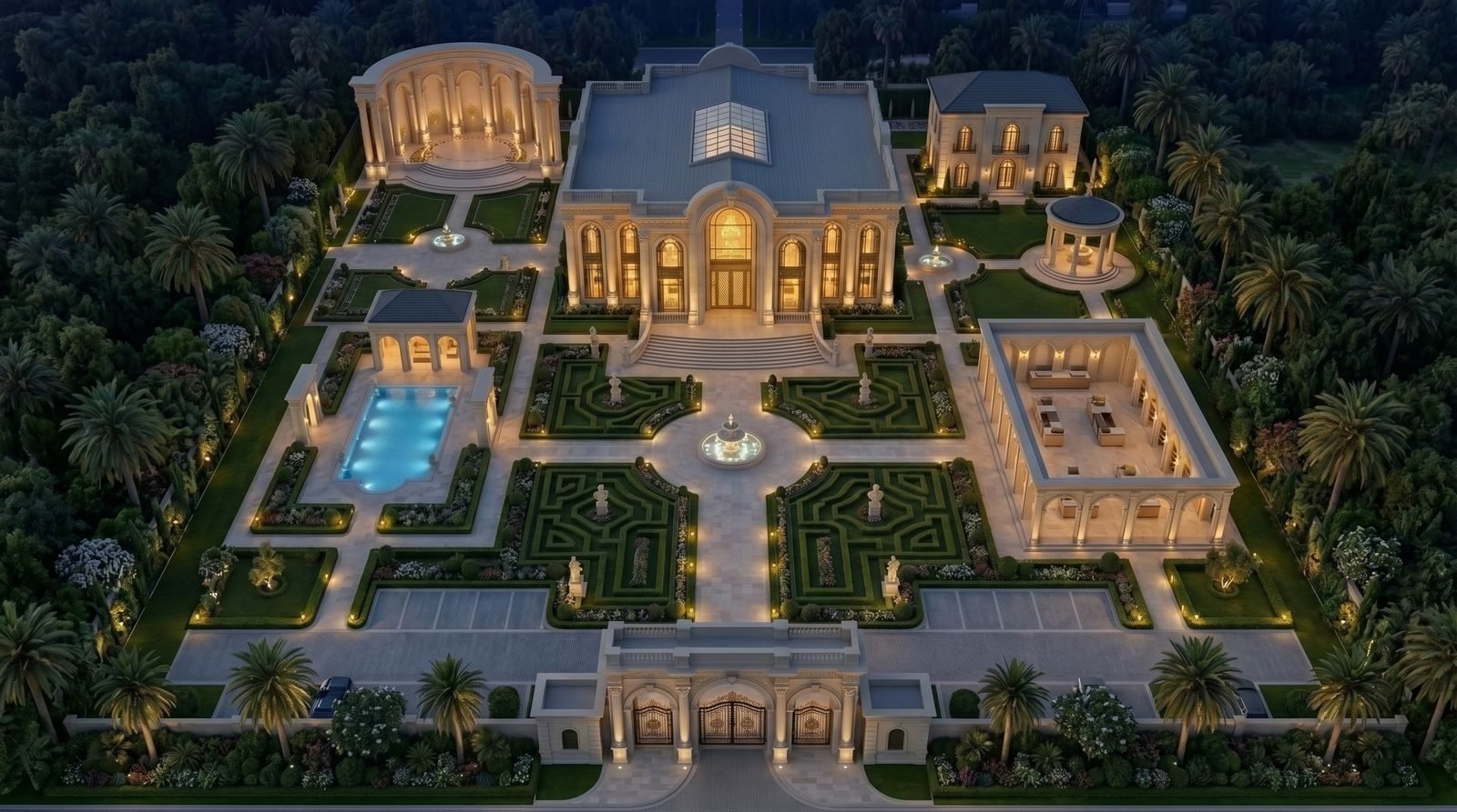 Aerial view of a luxury estate and gardens at night