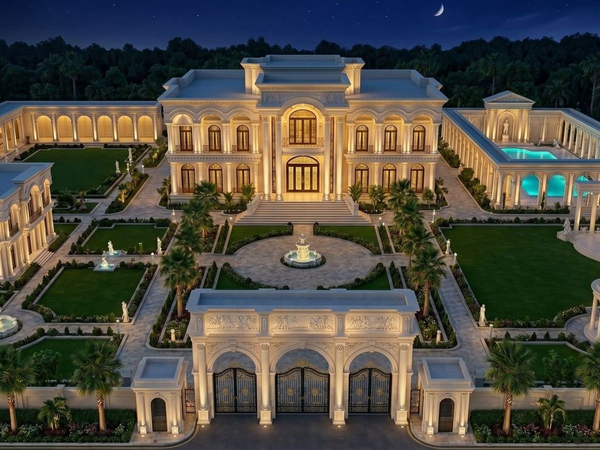 Isometric night view of a luxury estate with formal gardens and a pool
