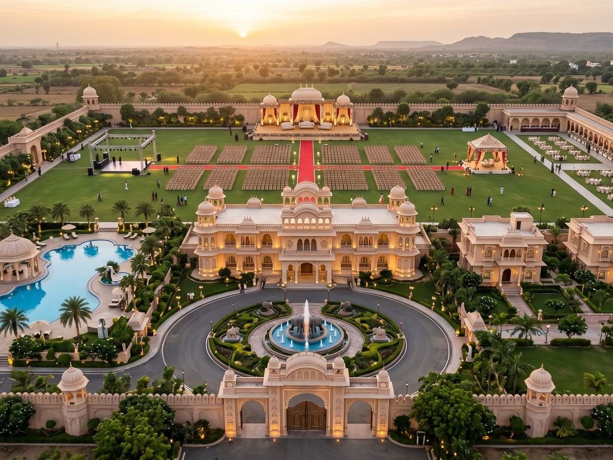 Aerial view of a heritage-style banquet palace with gardens and fountain