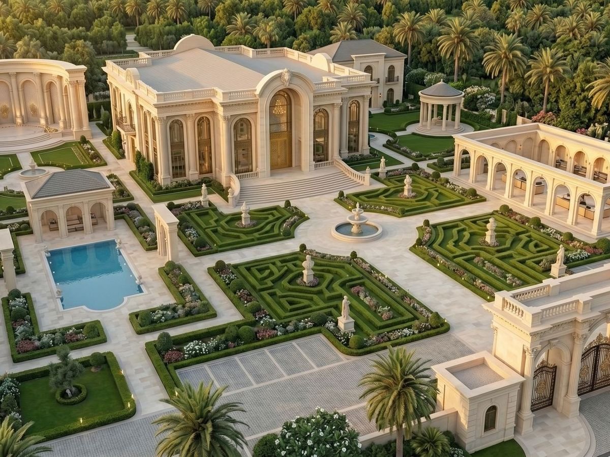 Aerial view of a palace estate with maze gardens and a pool