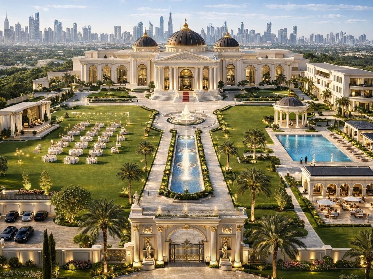 Aerial view of a palace with a central fountain axis and pool