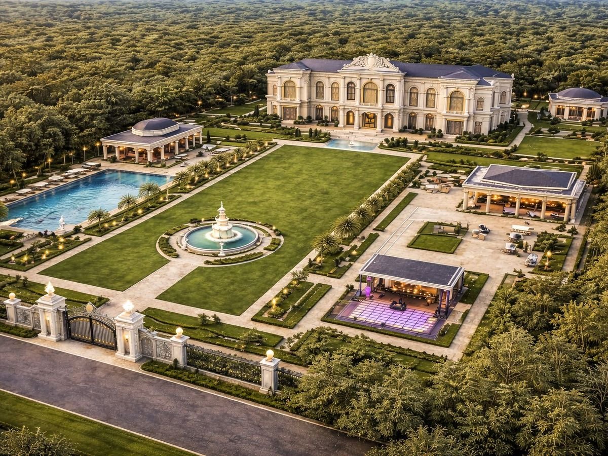 Aerial view of a private estate set in woodland with lawn and pool