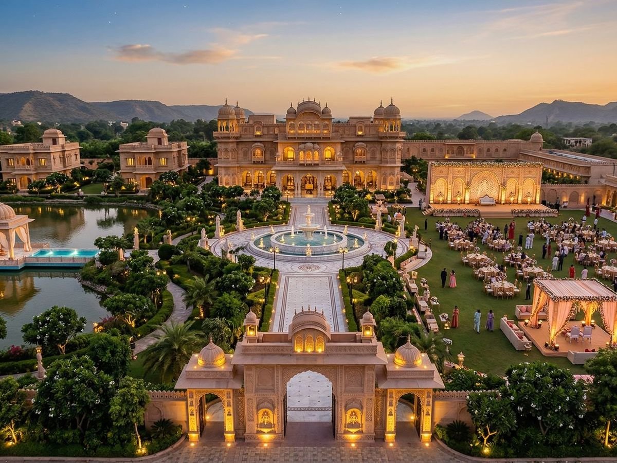 Aerial view of a heritage palace complex with lake and gardens
