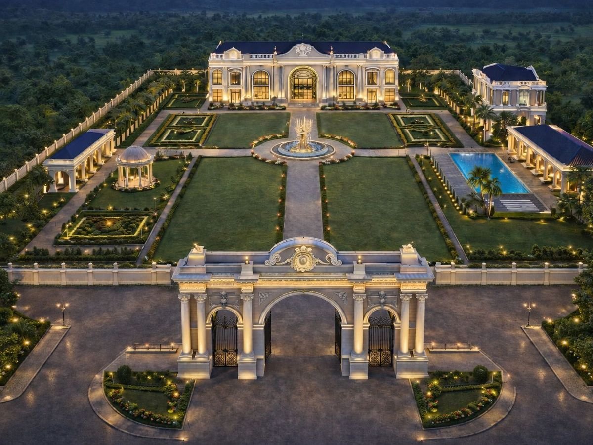 Aerial view of a gated estate with symmetrical gardens